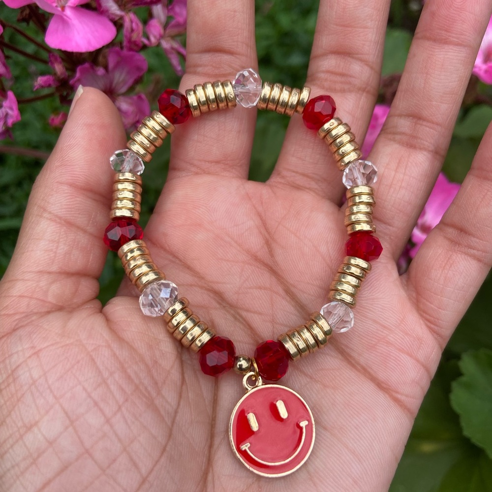 Smiley Happy Face Charm Y2K Inspired Glass Bead Stackable Bracelet